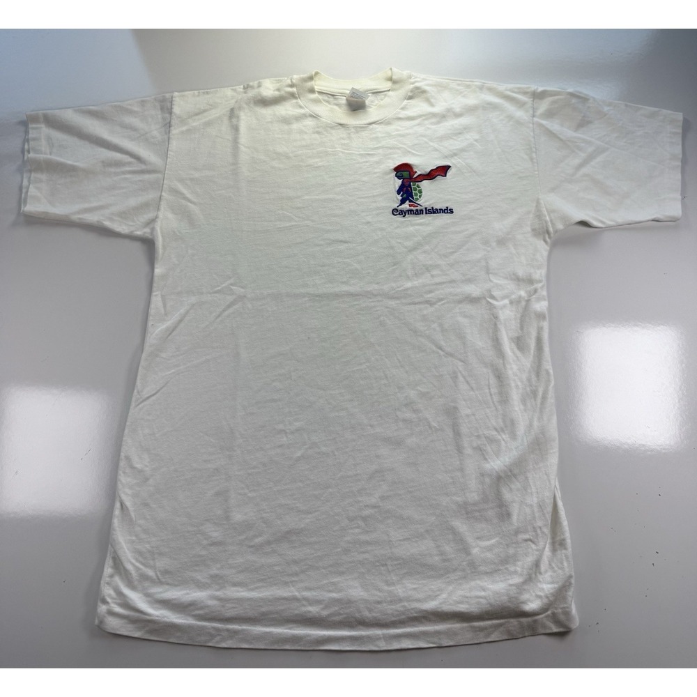 VINTAGE Cayman Islands Pirate Turtle embroidered Tee Shirt Hefty XL White 90s